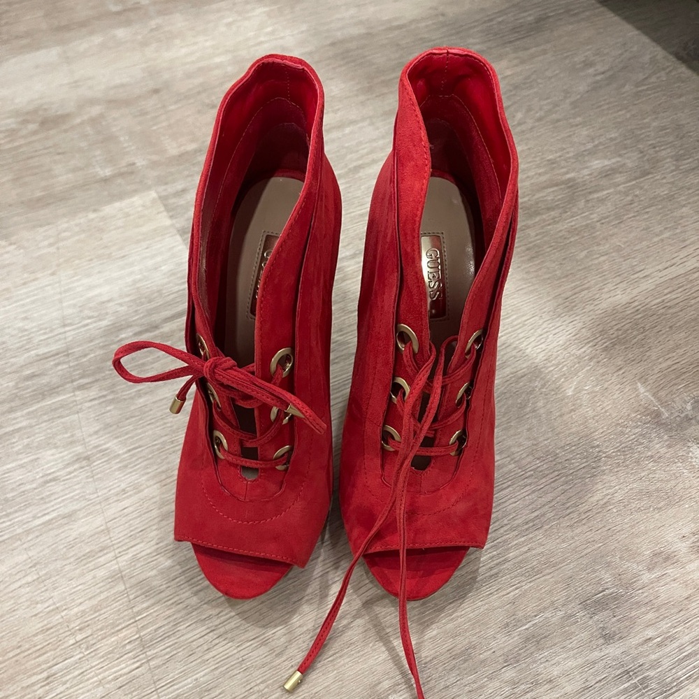 Guess Red Peep Toe Lace-Up Boots